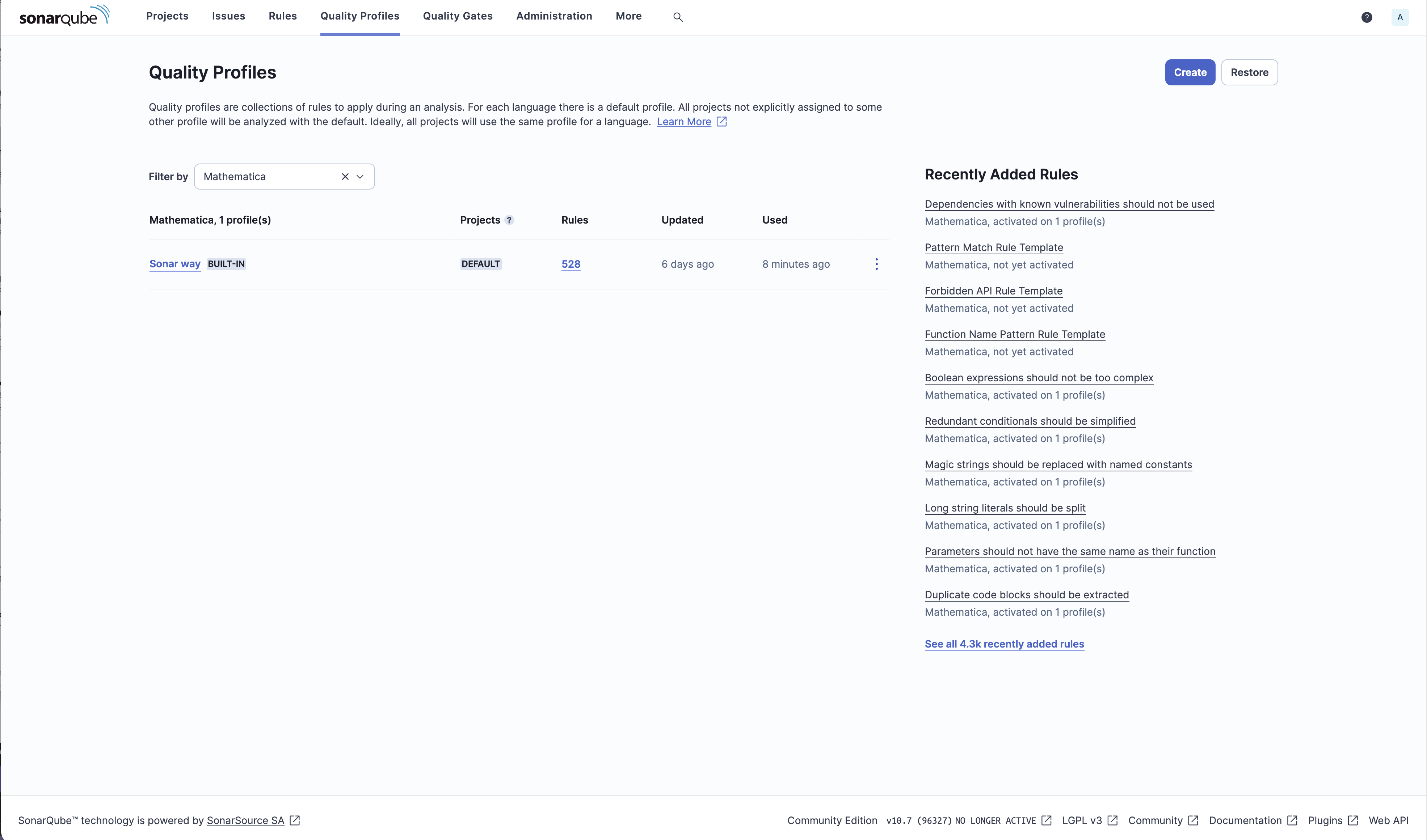 Quality profile showing 559 Mathematica rules