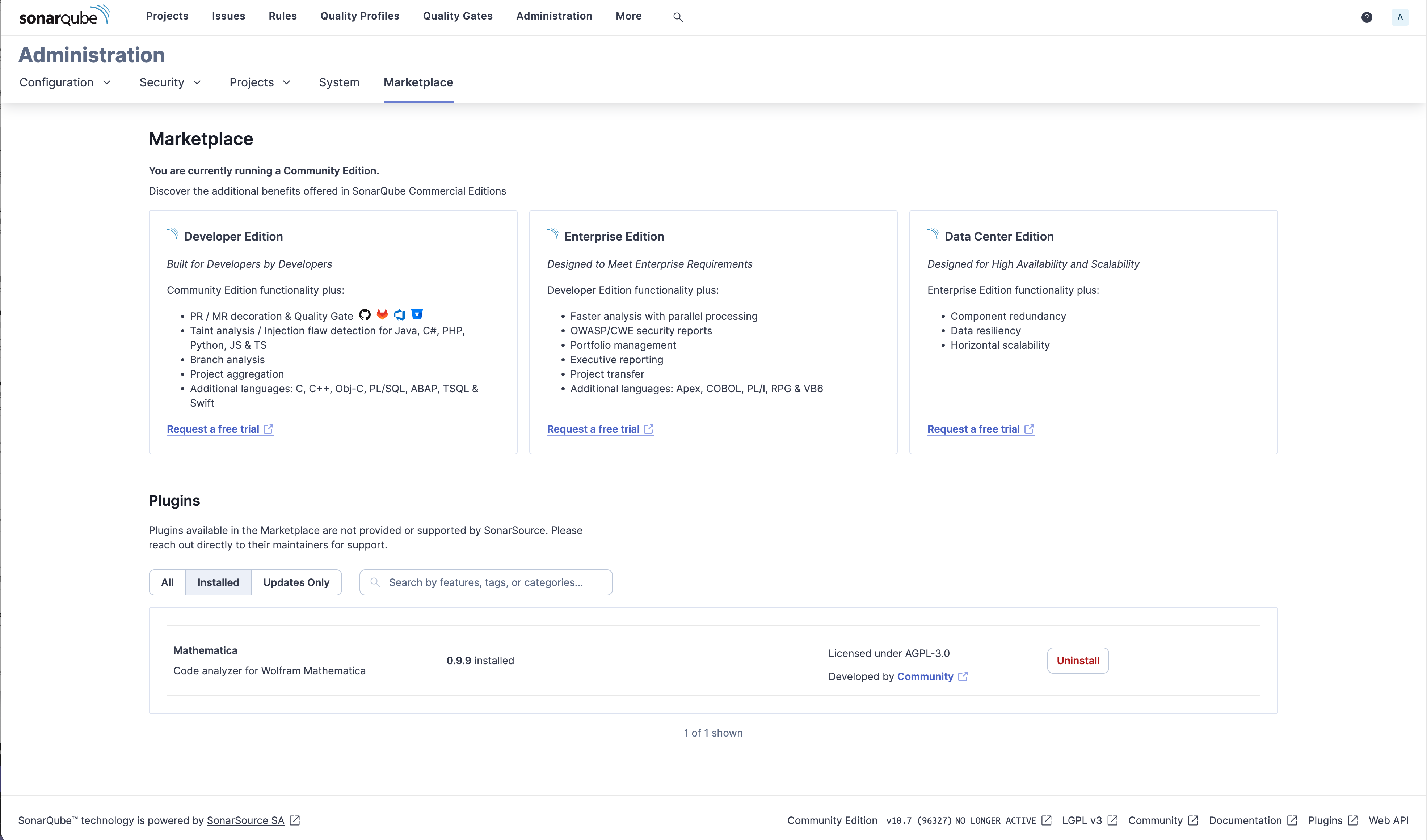 Plugin installed in SonarQube marketplace